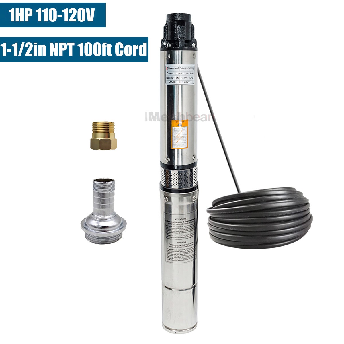 4'' Deep Well Submersible Pump 1 HP 115V 33GPM 276ft Stainless Steel 100ft Cord