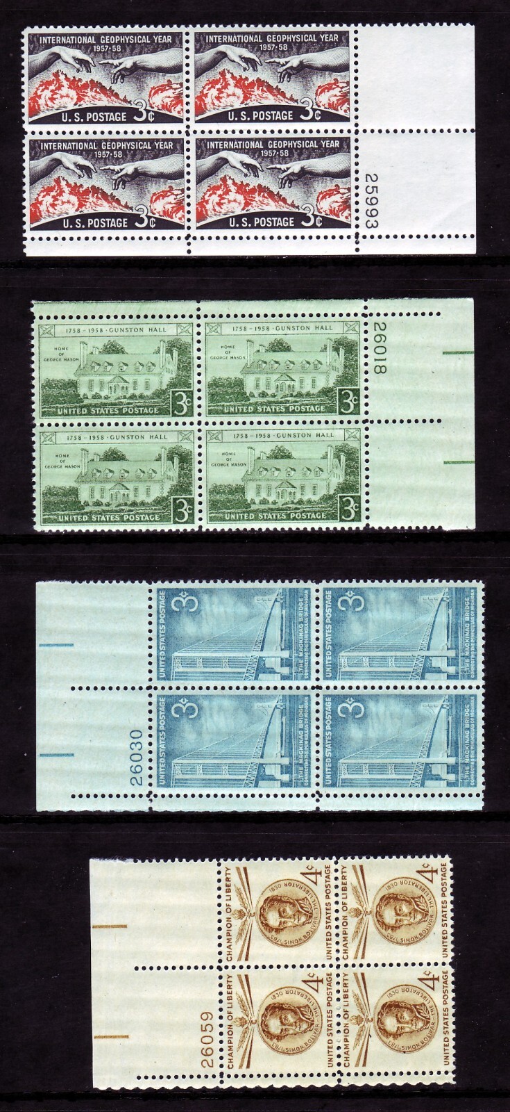 1958 COMMEMORATIVE PLATE BLOCK YEAR SET. (21) DIFFERENT. SCV $21.25