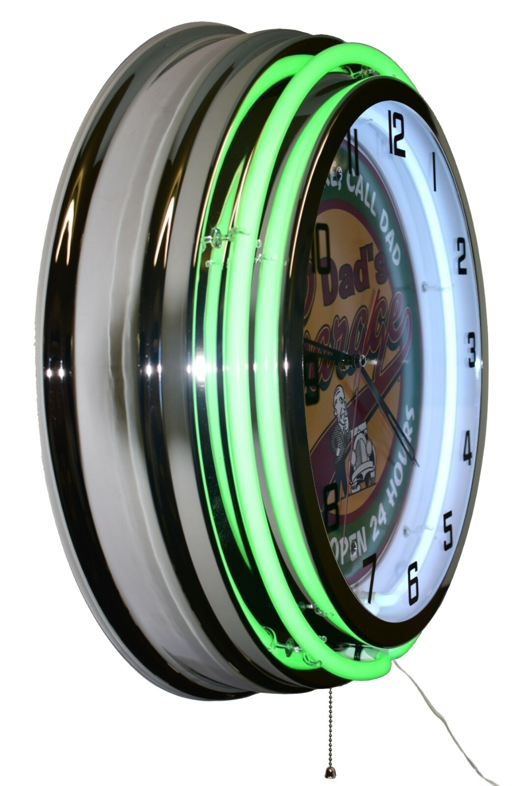 19" Dad's Garage Open 24 Hours! Double Neon Clock Man Cave Garage Decor (Green)