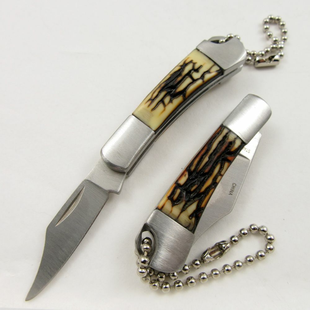 FOLDING POCKET KNIFE KEYCHAIN | 2" Mini Blade Simulated Bone Handle EDC