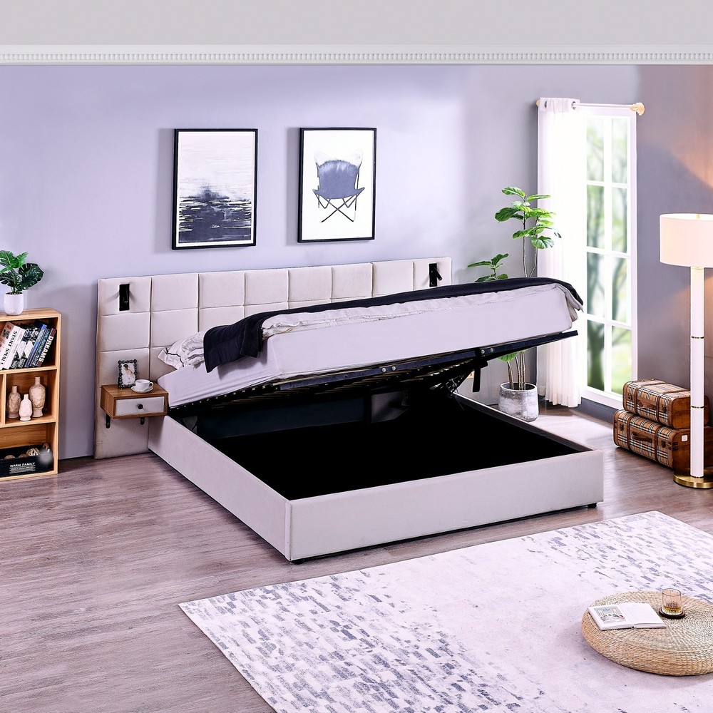 King Size Platform Bed Frame w/ Hydraulic Storage System & 2 Shelves & USB Ports