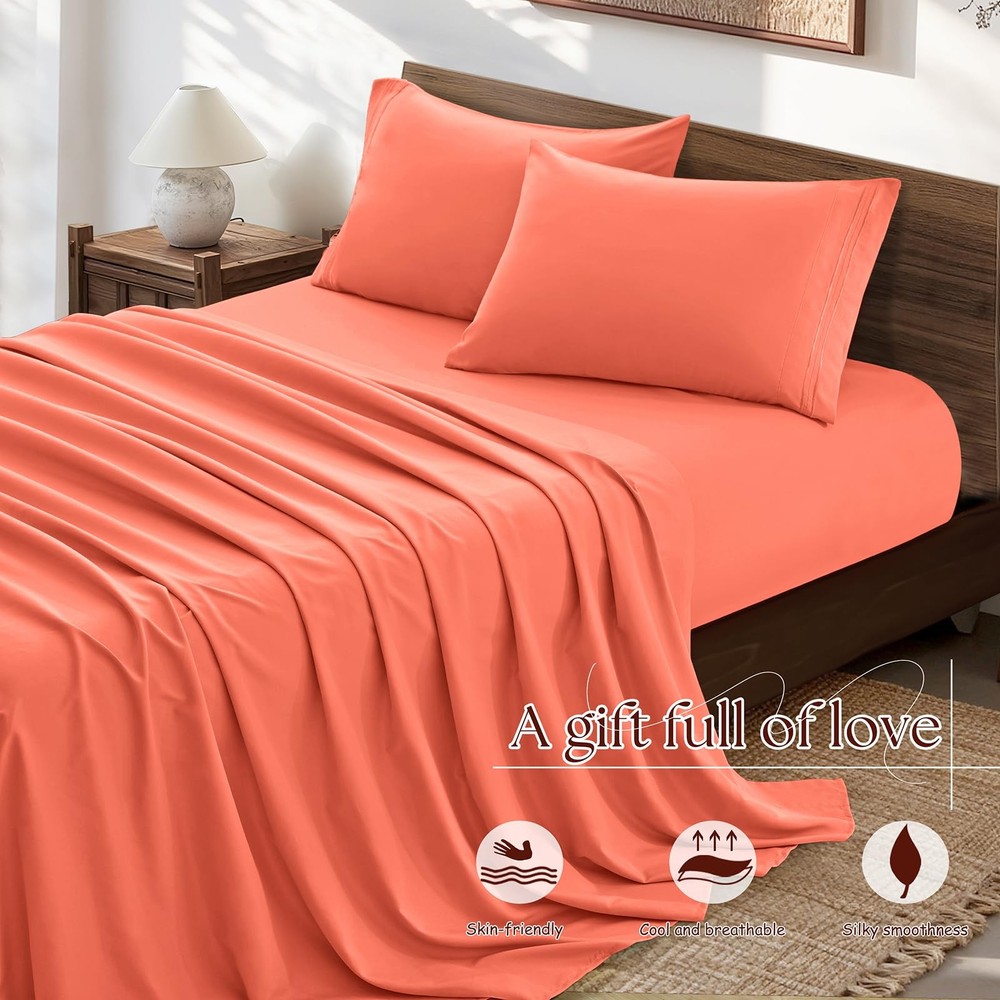 Full Size Bed Sheets Burnt Orange Sheet Set - 1800 Thread Count Sheets, 4 Pie...