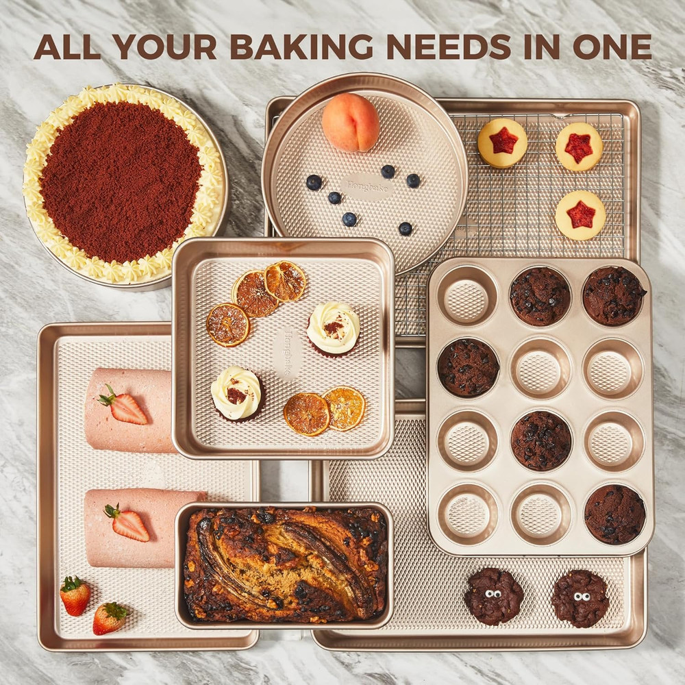 9-Piece Baking Pans Set Nonstick, Stackable Non Toxic Bakeware Sets with Diamond
