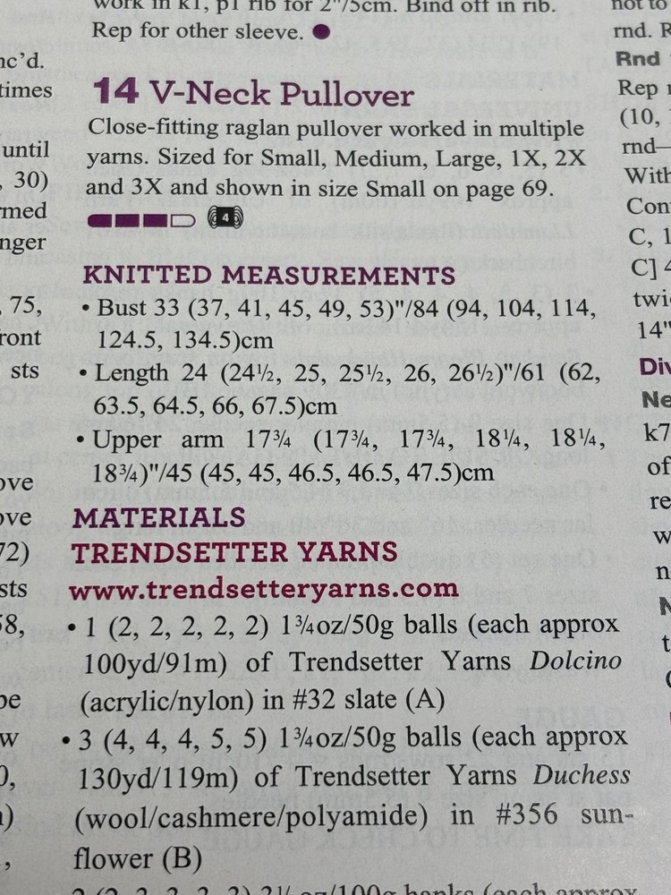 V Neck Pullover Knitting Pattern Sizes XS-3X Magazine Pages
