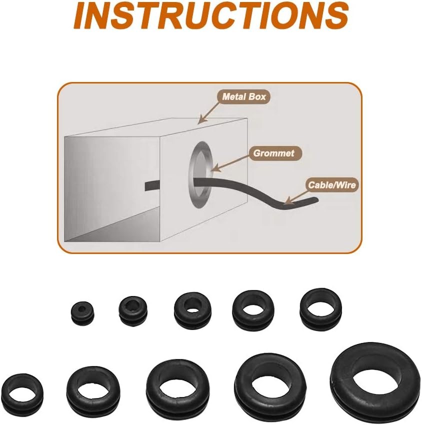 ISPINNER 190pcs Rubber Grommet Assortment Kit, 9 Sizes Eyelet Ring Black