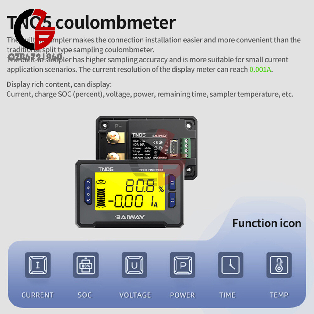 DC Voltage Current Power Meter Battery Power Indicator Built-in Sampler DC 8~80V
