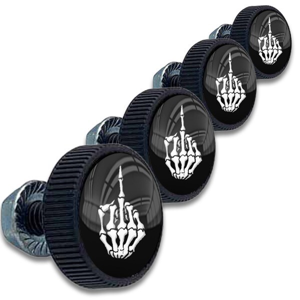 4 Pcs SKULL FINGER FU Black License Plate Frame Tag Bolt Screw for Harley 💀