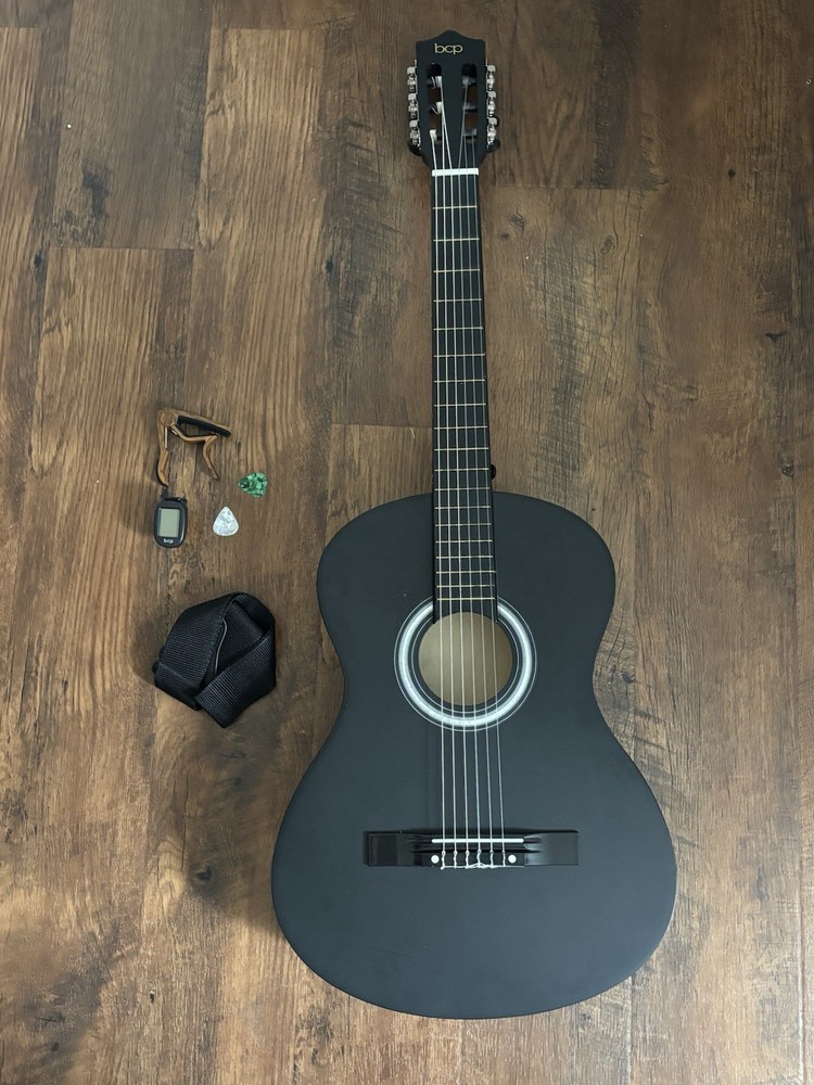 BCP black classical guitar with case, picks, strings, capo and strap