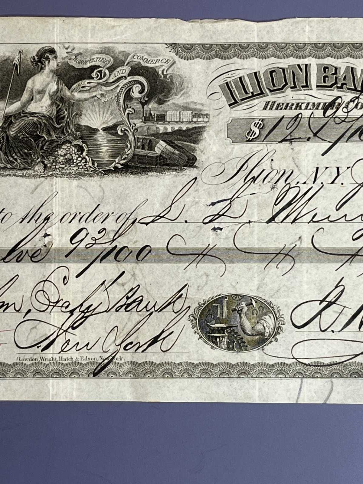 Pre Civil War 1853 ILION BANK HERKIMER COUNTY NEW YORK CHECK L L Merry Grocer