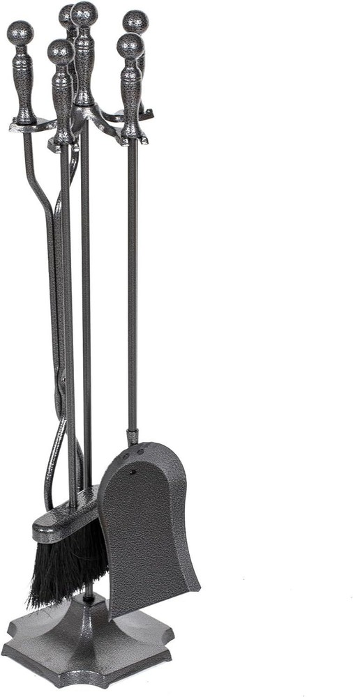 5 Pieces Fireplace Tools Set, Wrought Iron with Silver Pattern Fireplace Accesso