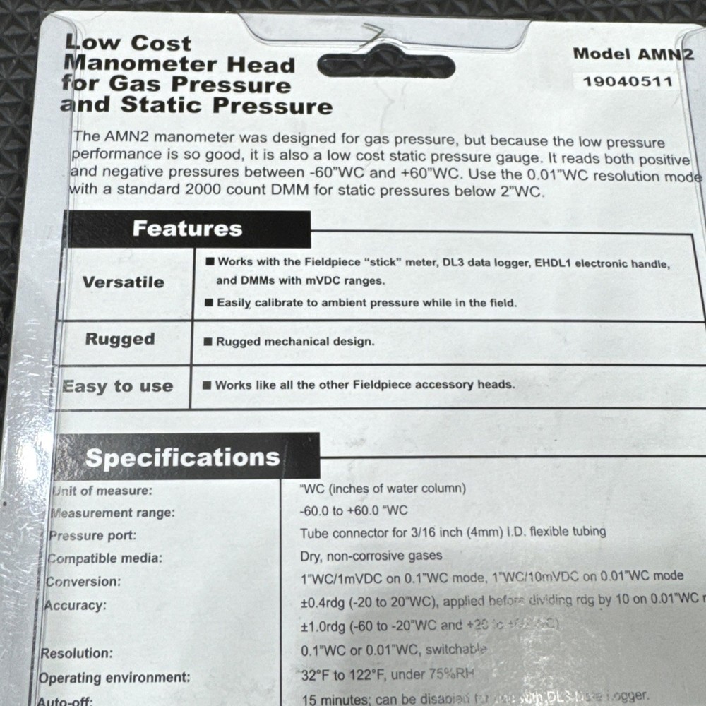 Fieldpiece AMN2 HVAC Modular Manometer Accessory Head NEW