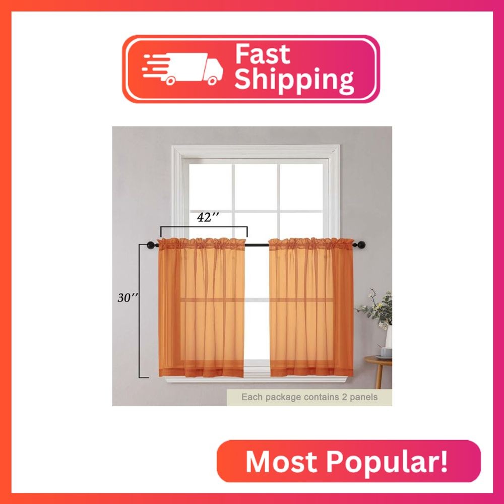 WelvetBLK Orange Kitchen Curtains 30 Inch Length Tier 2 PCS, Solid Soft Airy Hal
