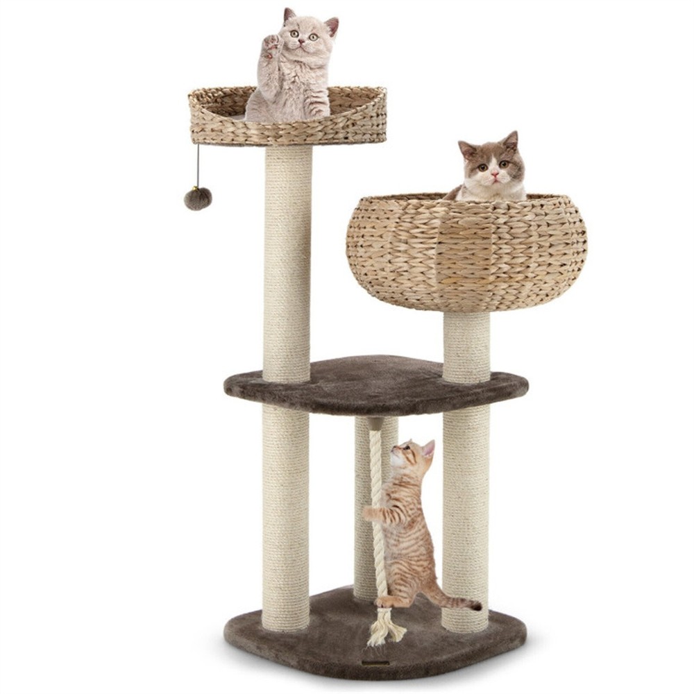 41" Water Hyacinth Cat Tree With 3 Sisal Scratching Posts Multi-Level Brown