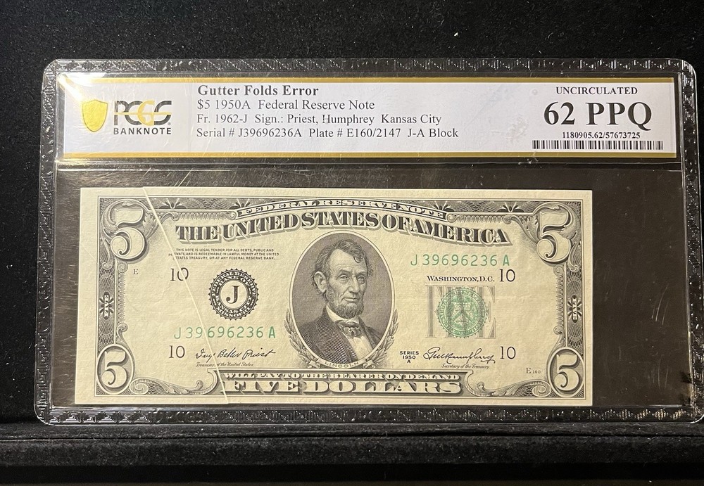 1950 A $5 Federal Reserve Gutter Fold Error Note Pcgs 62 PPQ