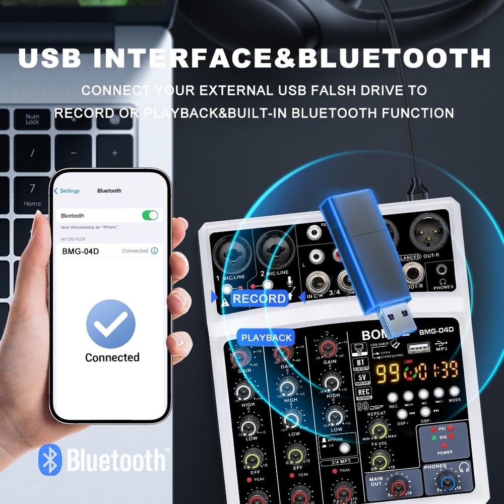 BOMGE 4 Channel dj Bluetooth Audio Mini Mixer with 99DSP Processor, USB Inter...