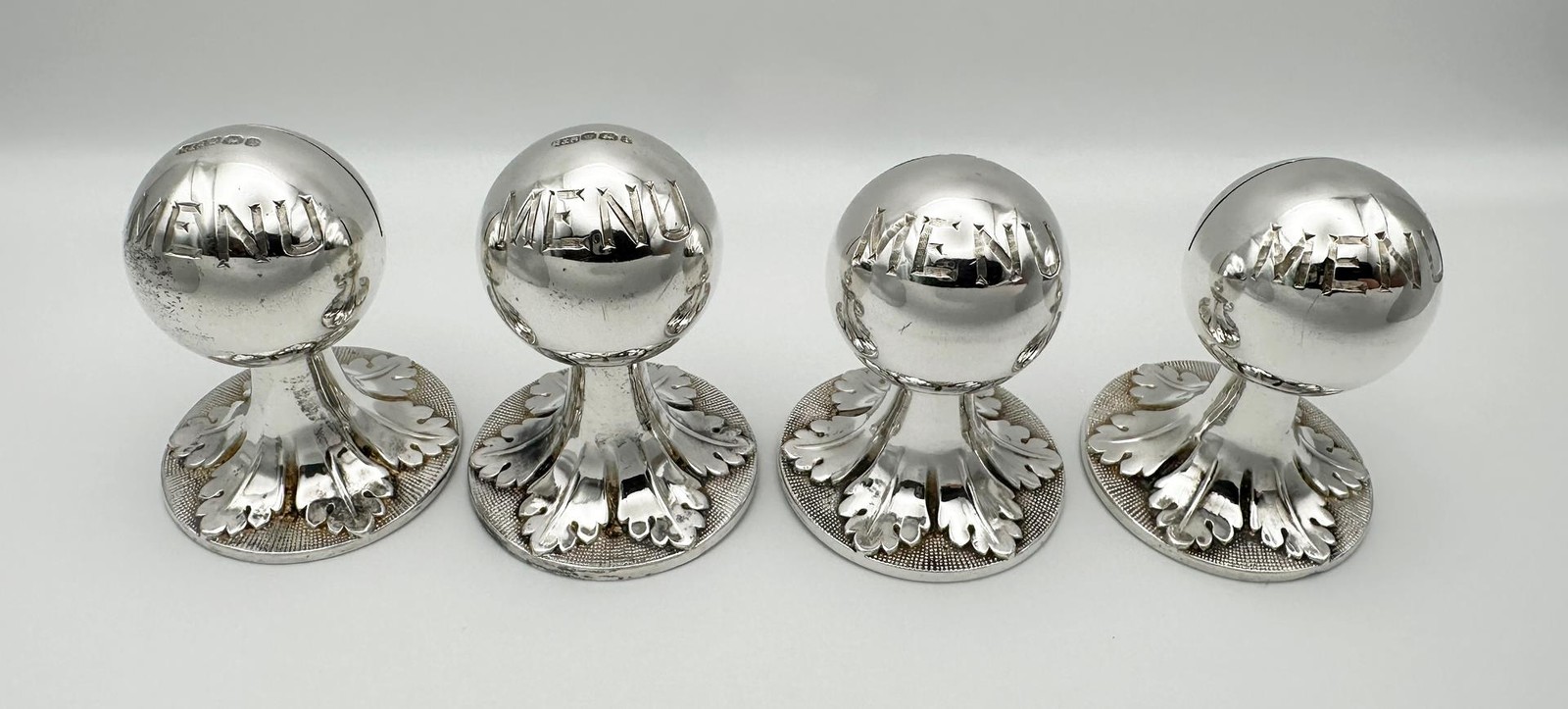 SET 4 VICTORIAN MENU HOLDERS STERLING SILVER & SILVER PLATE 1897 ROBERTS & BELK