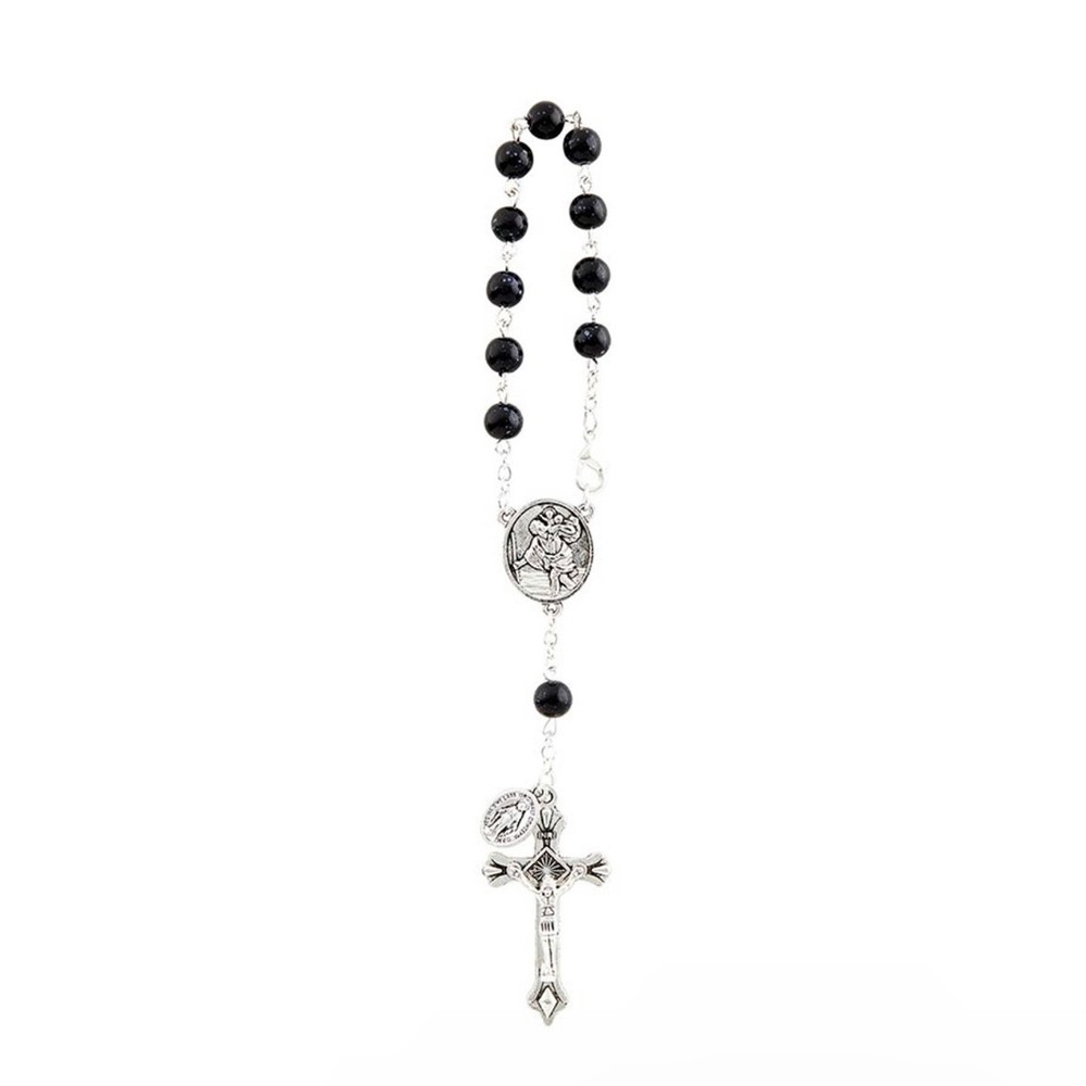 St Christopher Black Glass Rosary Car Mirror Pocket Miraculous Medal Crucifix