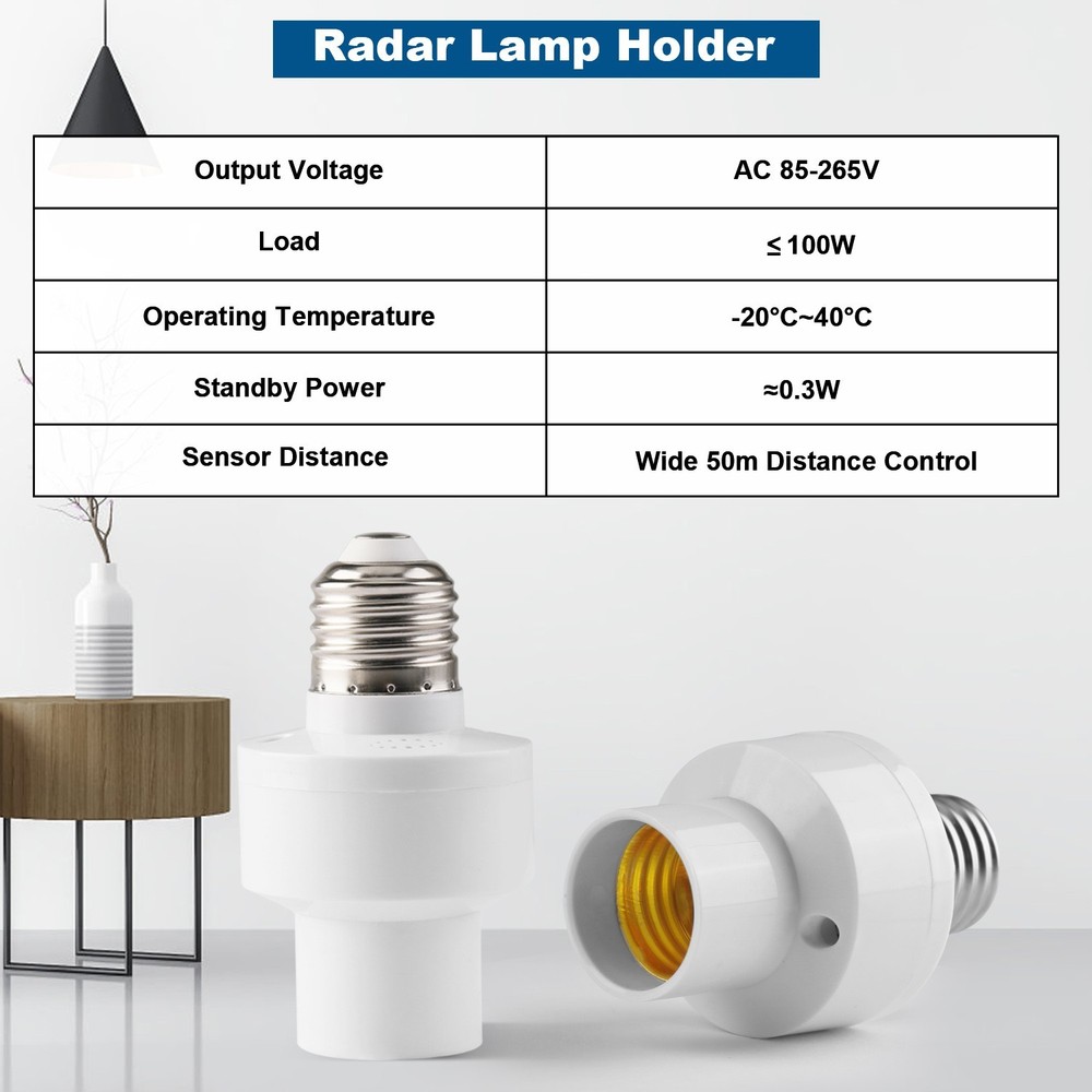 Radar Motion Sensor Bulb Holder - E26/27 LED Lamp Socket Base Adapter USA