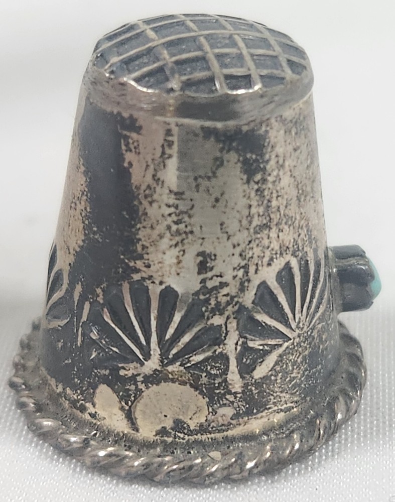 Antique Sterling Silver Thimble With Turquoise Stone Nautical Shell Design Vtg