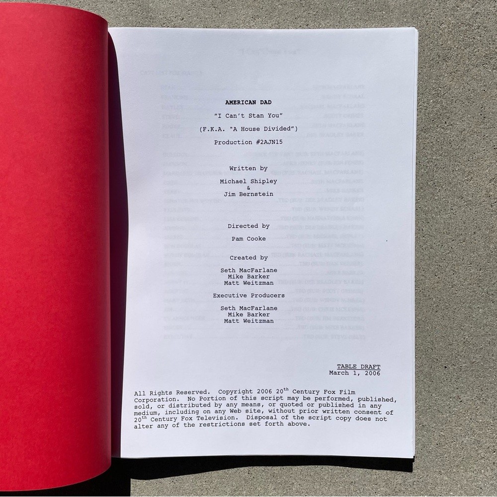 American Dad Original 2006 I Can’t Stan You Production Used Table Draft Script