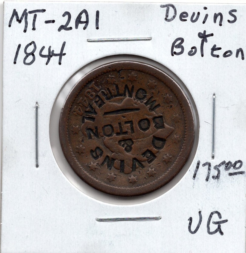 1844 US Large Cent Devins + Bolton Counterstamp Token - MT-2A1 - VG