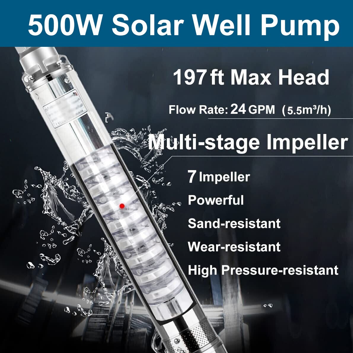 500W 3" DC 48V Solar Pump Submersible Pump Bore Deep Well Pump 33ft Copper Wire