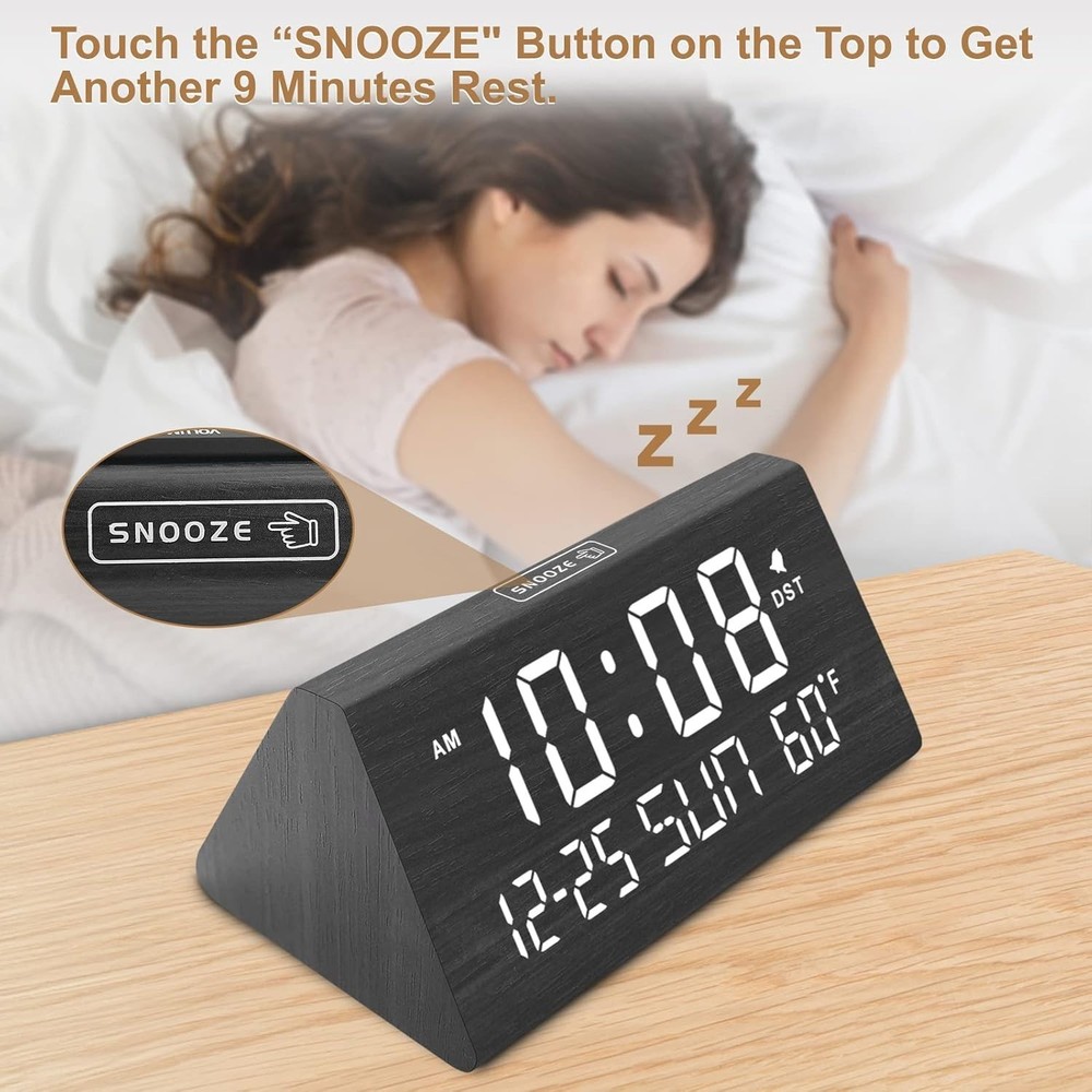 Versatile USB Wooden Alarm Clock with Adjustable Volume & Brightness Control