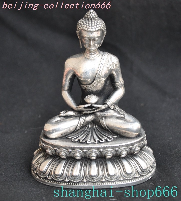 3.8"Xizang Buddhism Tibetan silve Shakyamuni Sakyamuni Shakya Mani Buddha Statue