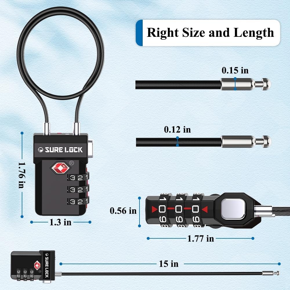 SURE LOCK TSA Approved 3-Digit Combination Luggage Locks – Extra long cable
