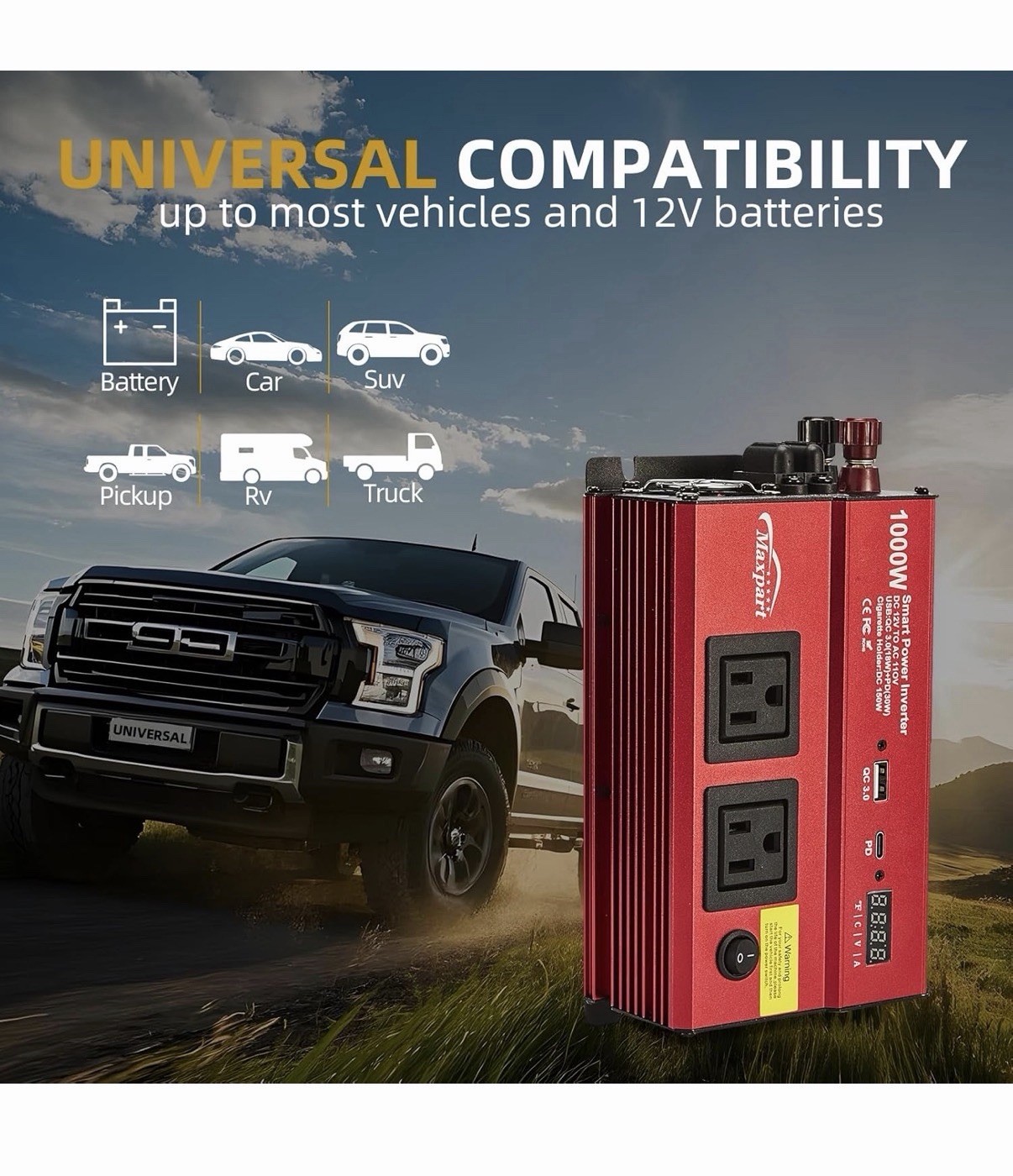 1000 W Power Inverter, Car/Light Truck 12V DC to 110V AC Converter USB and 3.0A