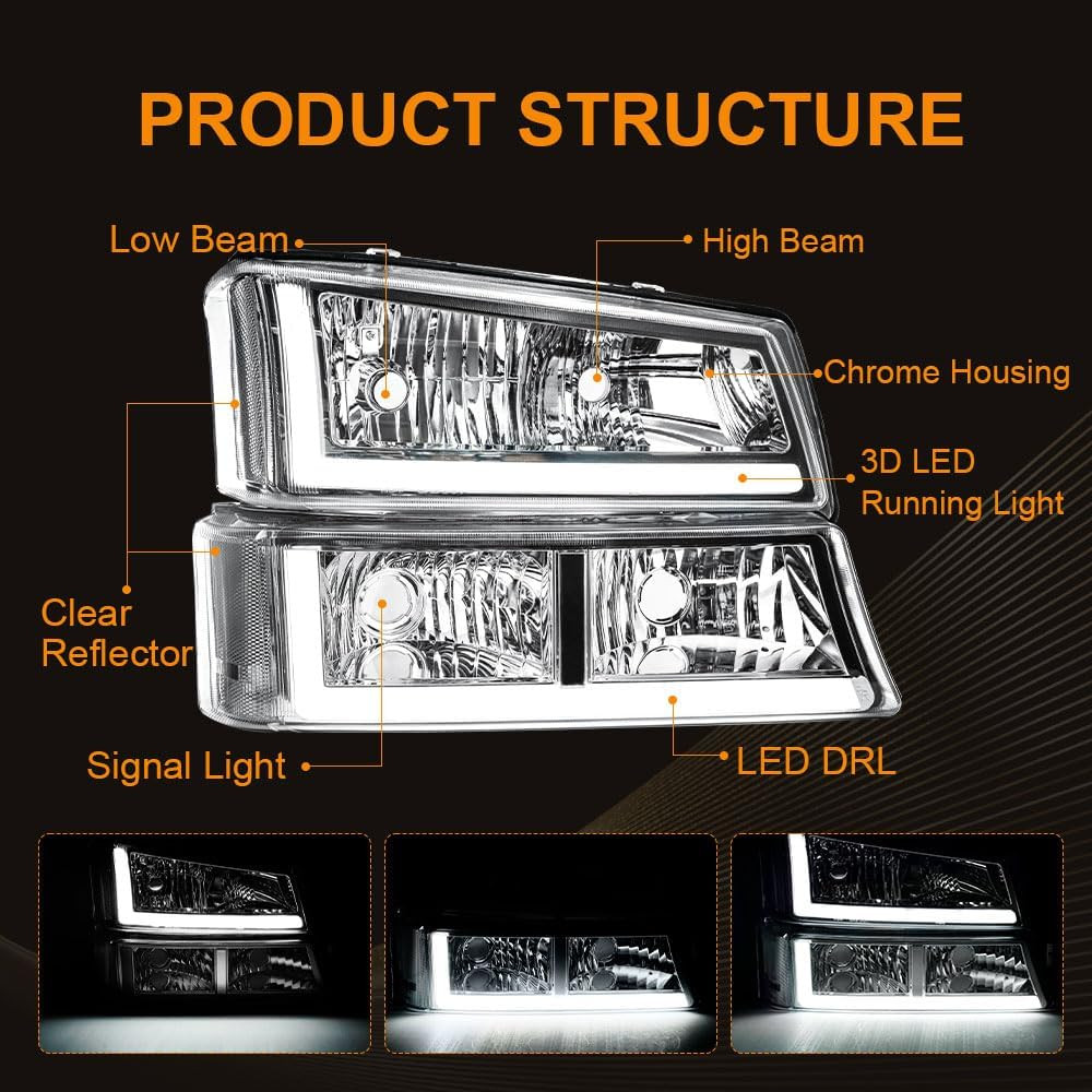 LED DRL Headlight Compatible with 2003-2006 Chevy Silverado/ 2003-2006 Avalanche