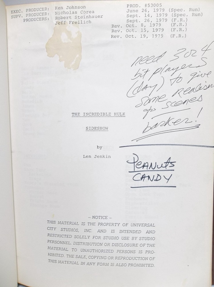 1979 Incredible Hulk Master Script from Nicholas Corea "Sideshow" Episode RARE