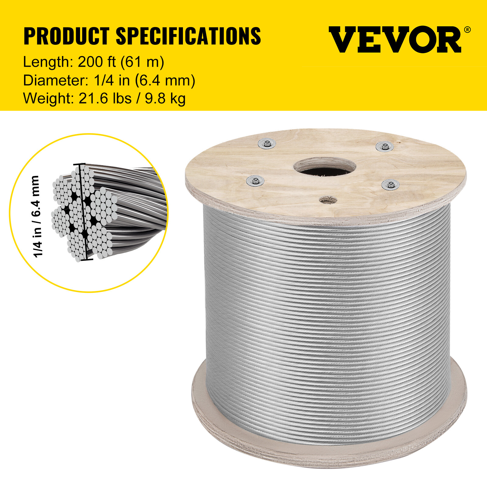 VEVOR T304 Stainless Steel Cable 1/4" 7x19 Steel Wire Rope 200ft Cable Railing