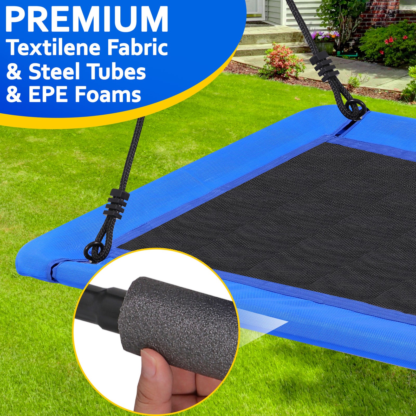 60" Rectangle Platform Tree Swing for Kids and Adults with 2 Hanging Straps Blue