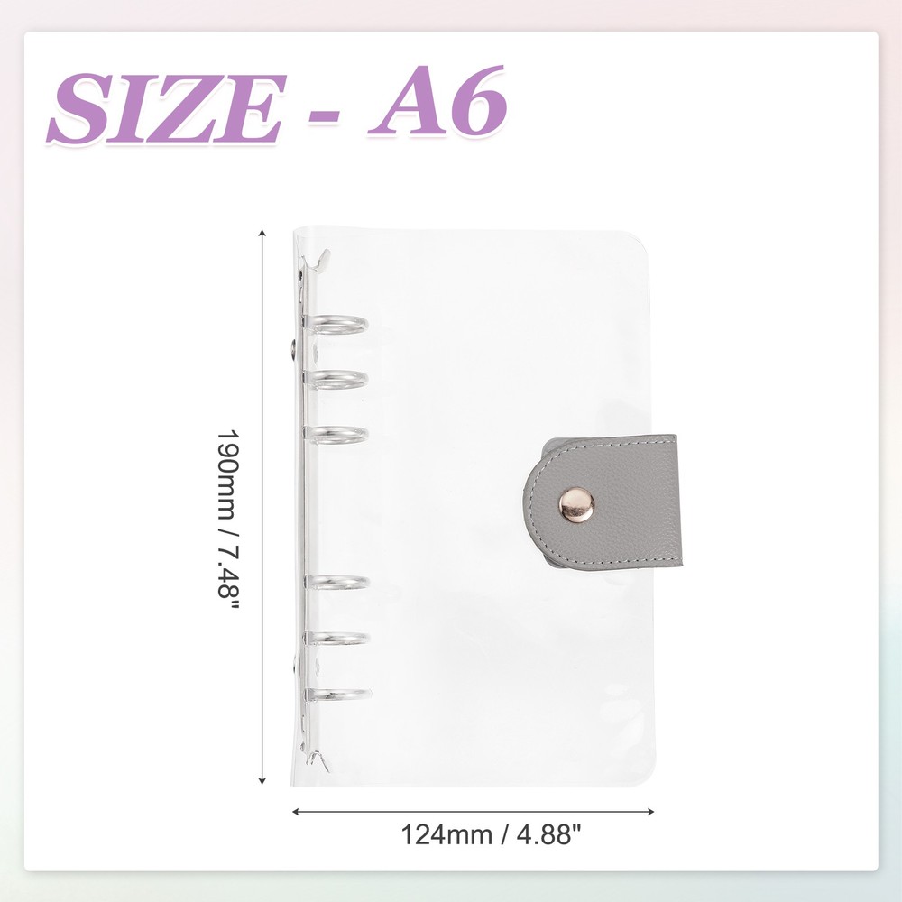 A6 Clear Notebook Binder, 6-Ring Refillable Planner Cover Binder, Gray