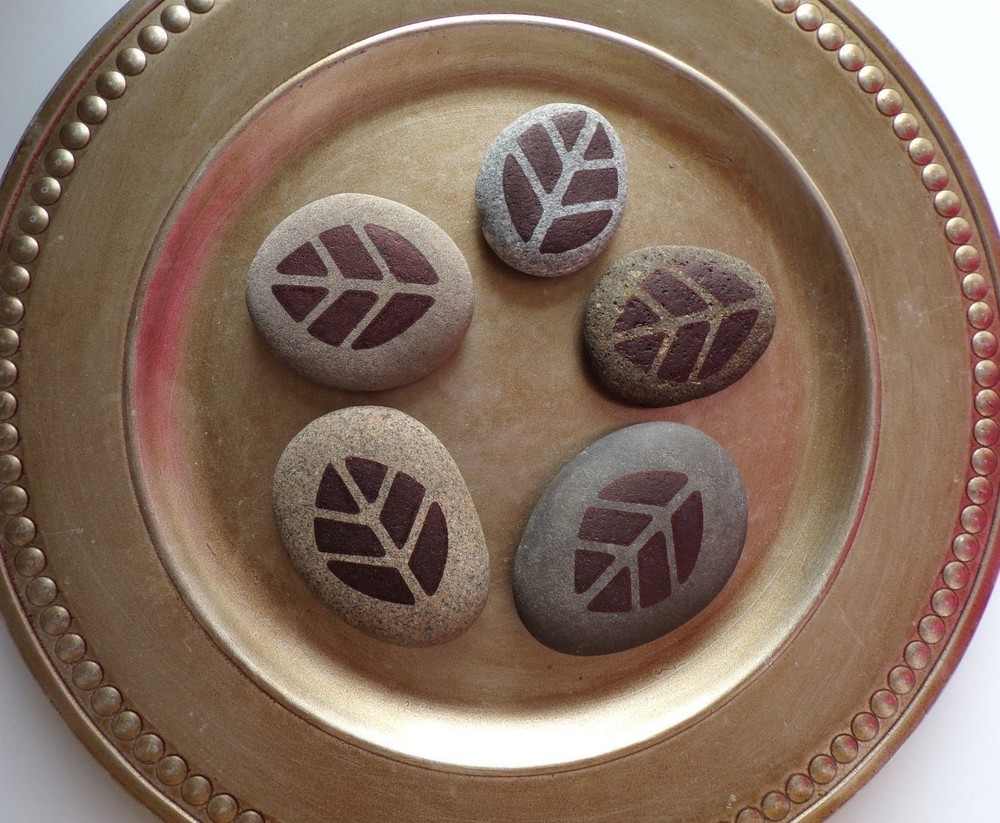 Stacking Rocks HAND PRINTED w LEAVES Stackable Natural Stacked Cairn Stones