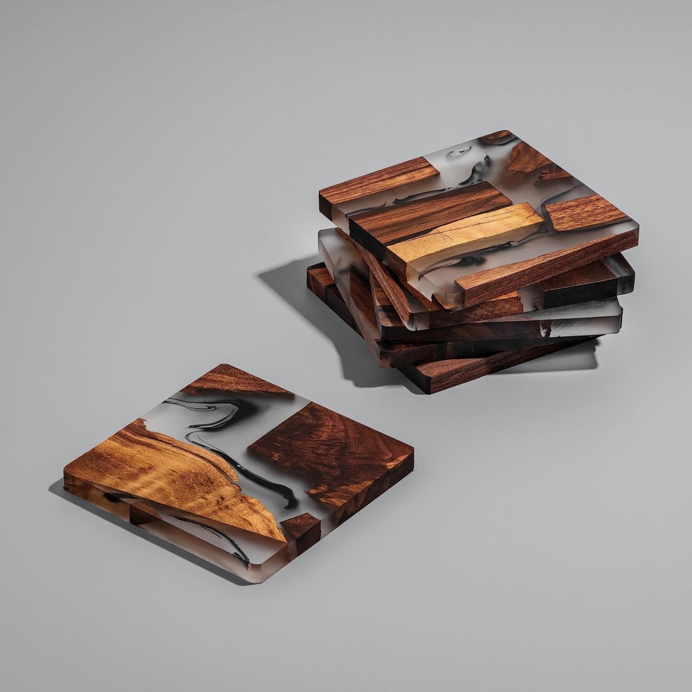 Walnut Coasters Set, Modern Coasters with Holder Square