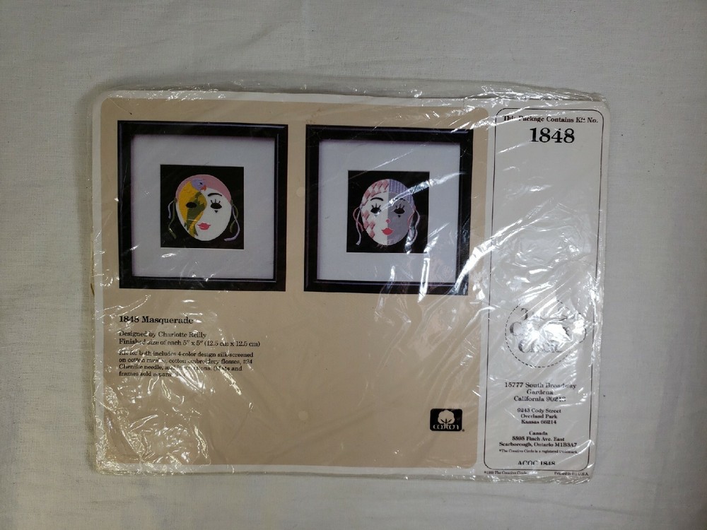 The Creative Circle Needlepoint Kit #1848 Masquerade Makes Two 5"×5" Pictures