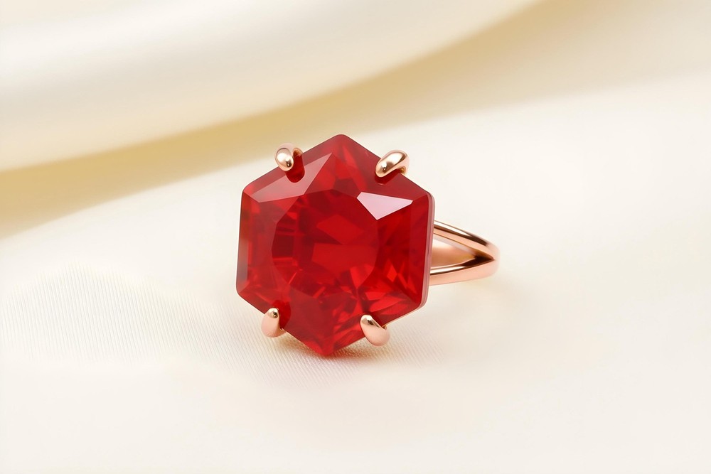 Ruby Silver Ring Anemone Handmade Hexagon Cut 16mm Sterling Jewelry