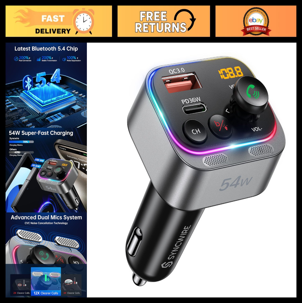 Bluetooth 5.4 FM Transmitter Car Adapter 54W PD 36W Dual Mics HiFi Bass Fast Cha