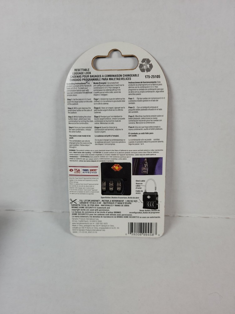 Brinks TSA Approved Resettable Combination Padlock Luggage Lock