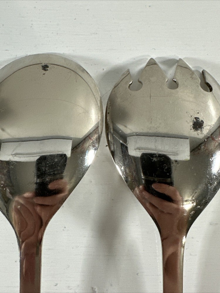 Italy Silver Plate Salad Server Spoon and Fork Utensils 9" Smooth Handle Vintage