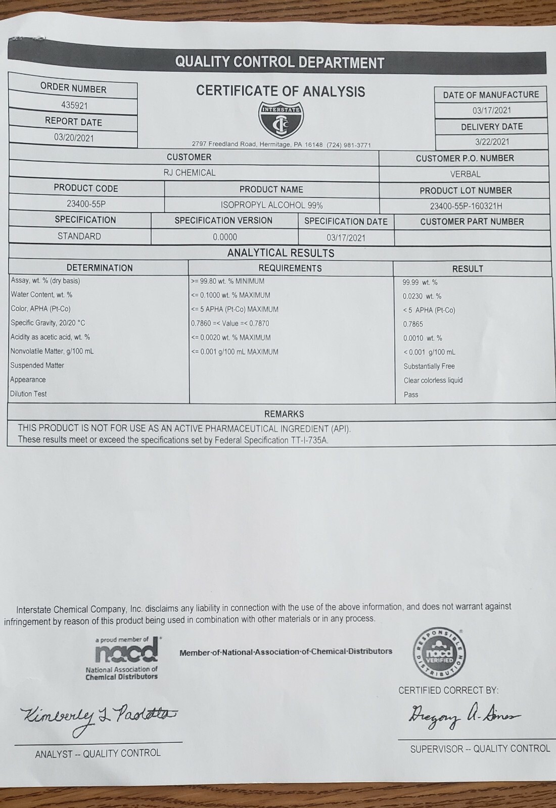 ISOPROPYL ALCOHOL 99% - NO IMPURITIES 2 GALLONS PACKED IN 8 QUART BOTTLE
