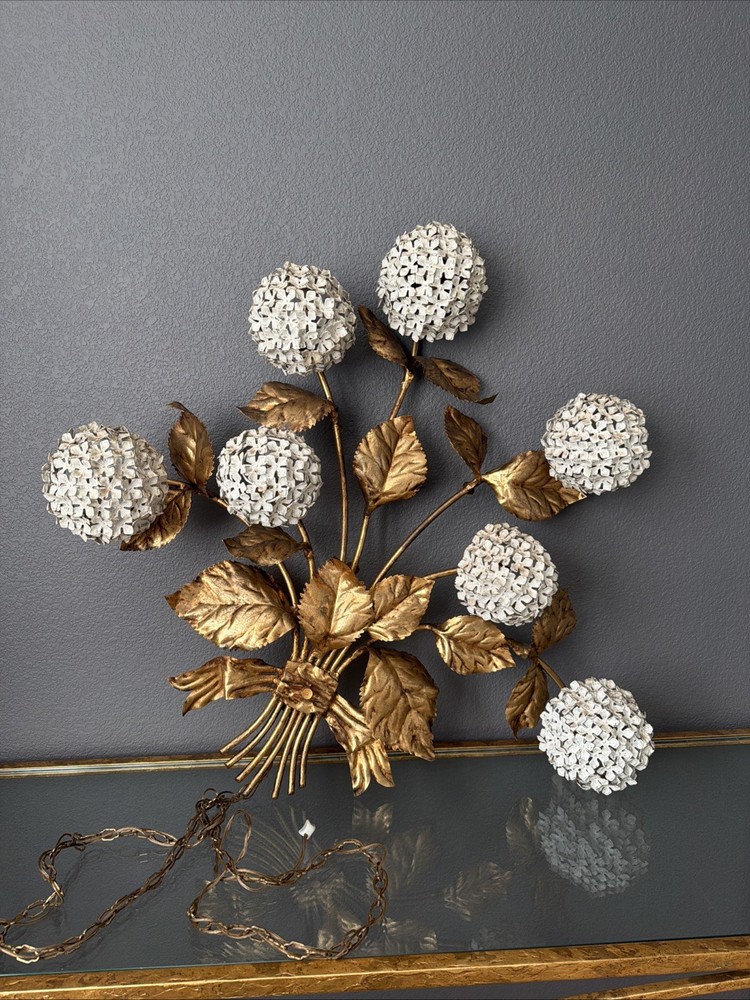 1950s Hydrangea Wall Light gilded brass with white enamel hydrangeas