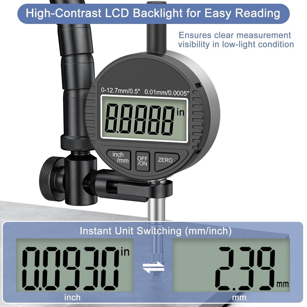 0-12.7mm High Precision Dial Indicator with LCD Display and Metric Conversion