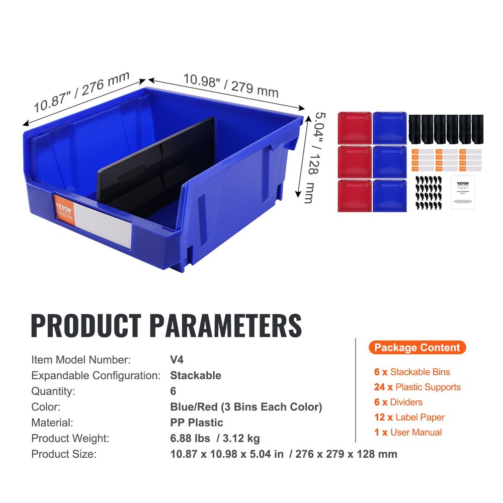 VEVOR Hanging Stackable Storage Bin Plastic Organizer Garage Box 6 PCS Blue/Red