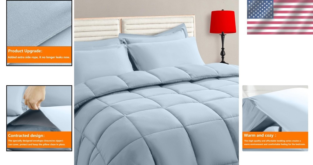 Soft Quilted Light Blue Queen Comforter Set - Reversible 7-Piece Bedding