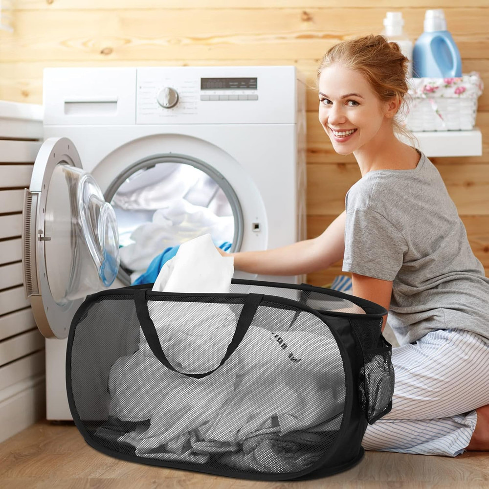 2 Pcs Durable Collapsible Laundry Baskets - Reinforced Mesh Pop up Laundry Hampe