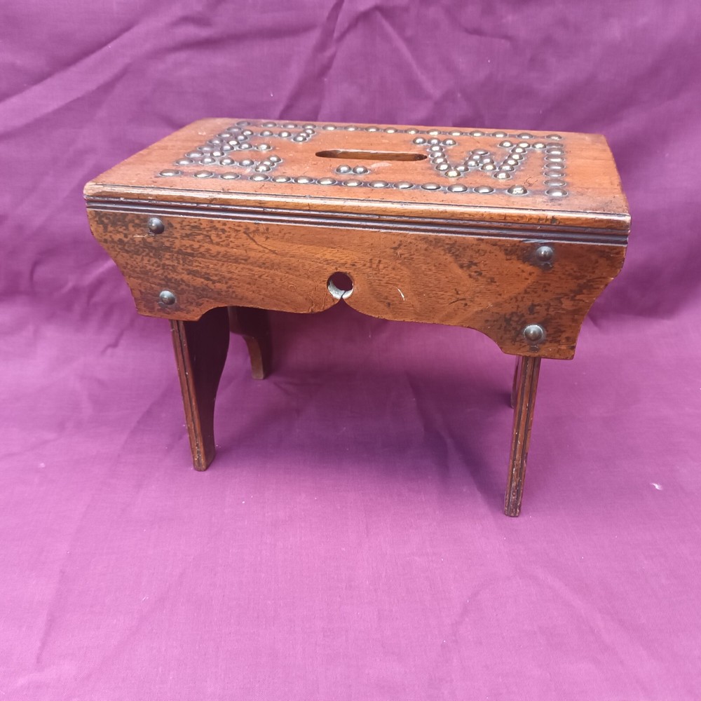Small Antique Treen Studded Cracket style Stool marked 'E W'