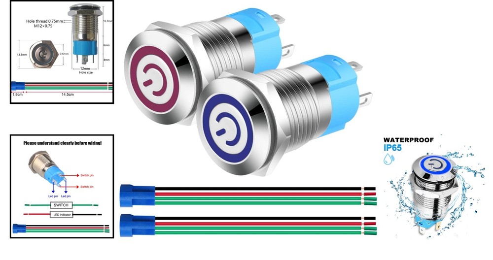 Latching 2PCS Stainless Steel Push Button Switch with LED and Protection